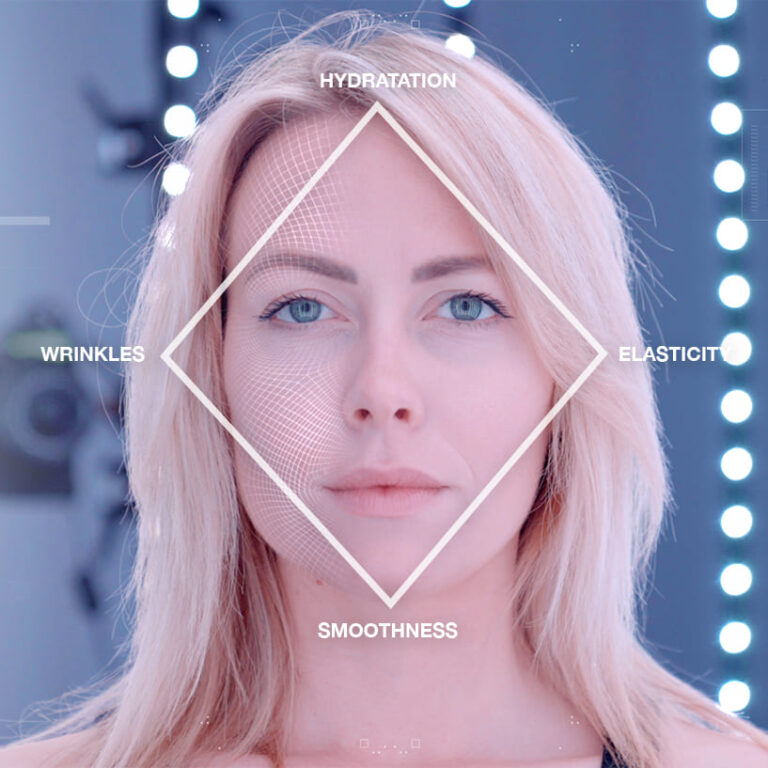 A woman in a 3D acquisition system with her skin parameters for cosmetic product efficacy tests